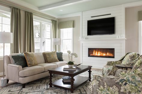 Family Dream Home - Farmhouse - Bedroom - Los Angeles - by Shannon Ggem Design Fireplace With Tv, Mediterranean Room, Worldly Gray, Warm Paint Colors, Traditional Family Room, Ventless Fireplace, Stone Accent Walls, Hotel Lobbies, Shiplap Fireplace