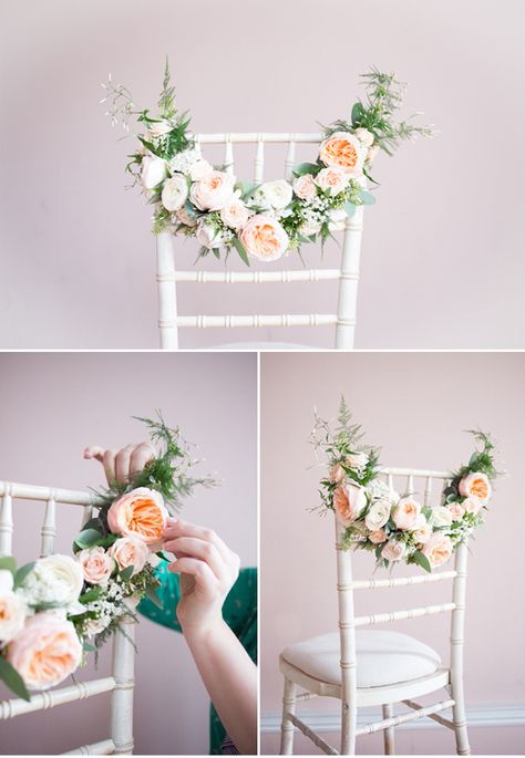 floral decorated chic elegant wedding chair ideas Wedding Chair Decorations, Flower Wreaths, Chair Ideas, Wedding Chair, Reception Chair, Bridal Musings, Wedding Flower Inspiration, Floral Garland, Wedding Chairs