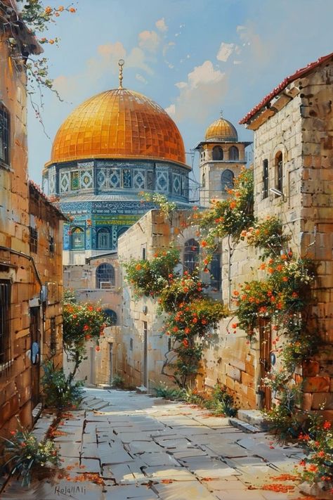 Islamic Oil Painting, Dome Of The Rock Drawing, Dome Of The Rock Painting, Islamic Art Wallpaper, Islamic Drawing, Air Drawing, Coloring Illustration, The Dome Of The Rock, Mosque Art