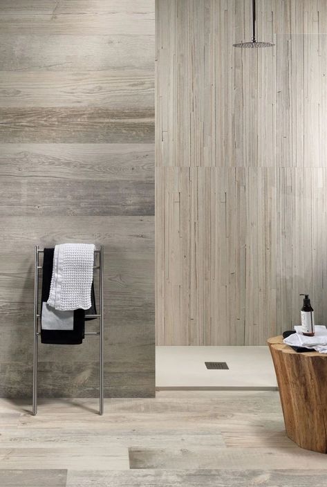 Gems Bianco Shangai Distressed Wood Look Shower Wall with Wood Grain Porcelain Tile Floors