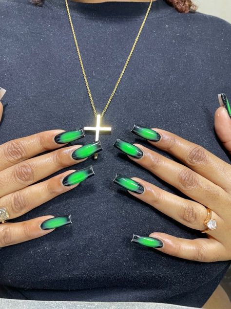 Black And Green Nail Inspo Acrylic, Green Trippy Nails, Green And Black Nails Ideas, Like Green And Black Nails, Black And Green Aura Nails, Green Medium Nails, Green Design Acrylic Nails, Green And Black French Tip Nails, Green And Black Nail Ideas