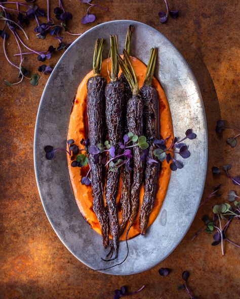 Halloween Dinner Dishes, Purple Dinner, Roasted Purple Carrots, Gothic Vegan Food, Carrots Pomegranate, Turkish Black Carrot, Eggplant Pomegranate Recipes, Spooky Dinner Party, Purple Carrots