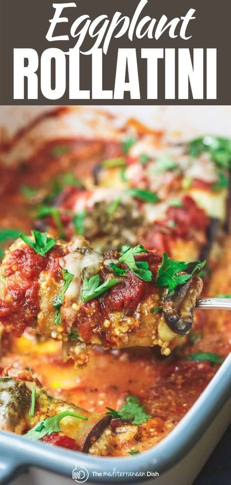 You'll love these eggplant rollatini made with a lightened up ricotta cheese mixture with parsley and basil pesto! Easy to make and you can make them ahead to freeze for later! #italianfood #italianrecipes #eggplant #eggplantcasserole #eggplantrollatini #rollatini #glutenfree #makeahead #mealprep #freezerfriendlydinner Eggplant Rollatini Recipe, Veggie Entrees, Eggplant Rollatini, Eggplant Recipes Easy, Mediterranean Meals, Sides Recipes, The Mediterranean Dish, Easy Mediterranean Diet Recipes, Eggplant Dishes