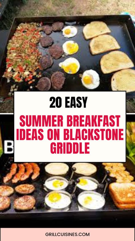 Elevate your summer mornings with these 20 easy breakfast ideas cooked on a Blackstone griddle! From fluffy pancakes to sizzling bacon and eggs, burritos, Sandwiches, tacos, pizza, and french toast these recipes are perfect for lazy summer days and outdoor gatherings. Fire up your grill and start your day with delicious summer breakfast recipes perfect for camping or large crowd. Breakfast On A Flat Top Grill, Cooking On A Griddle Recipes, Easy Griddle Breakfast Ideas, Blackstone French Toast Recipes, Grilling Breakfast Recipes, Eggs On The Blackstone, Easy Blackstone Breakfast, Griddle Recipes Blackstone Breakfast, Bacon On Blackstone Griddle