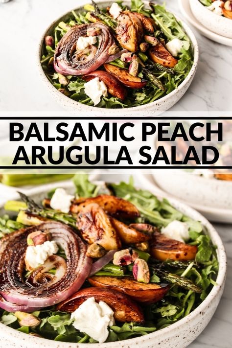 This Balsamic Peach Arugula Salad is the perfect balance of sweet and savory. You can use frozen peaches so enjoy as an entree or side any time of year. Peach Balsamic Vinegar Recipes, Peach Arugula Salad, Fwtfl Recipes, Healthy Bruschetta, Balsamic Peach, Salad Meals, Paleo Salad, Balsamic Vinegar Recipes, Sauces Recipes