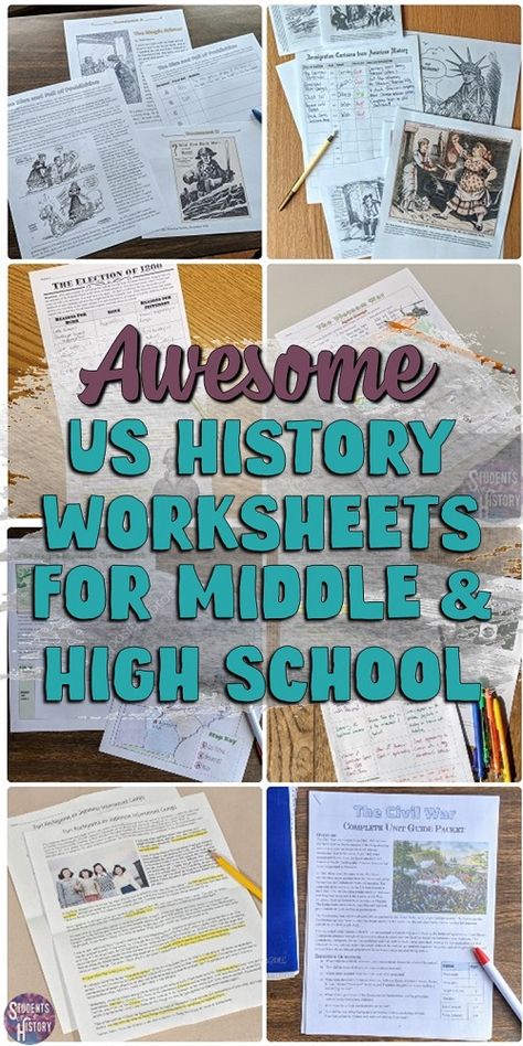 If you're looking for printable US History worksheets for your middle school or high school classroom, check out these from Students of History! Each one includes an answer key, editable Google Doc version, and more! Middle School Us History, Middle School History Activities, History Teacher Classroom, High School History Classroom, 8th Grade History, 7th Grade Social Studies, Teaching Us History, Teaching American History, Homeschool Middle School