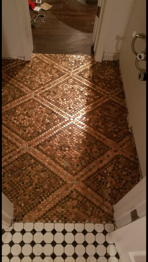 Penny Floor Bathroom, Coin Flooring, Shoji Closet Doors, Coin Floor, Penny Flooring, Penny Floor Designs, Penny Floors, Penny Mosaic, Penny Art