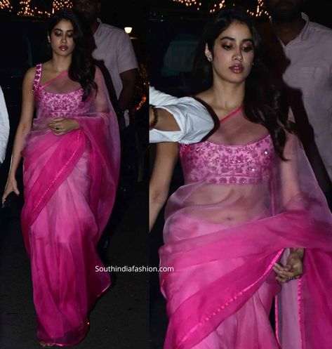 Bright Pink Eyeshadow, Hot Sarees, Farewell Saree, Pink Organza Saree, Farewell Sarees, Jhanvi Kapoor, Kanjivaram Sarees Silk, South Indian Sarees, Janhvi Kapoor