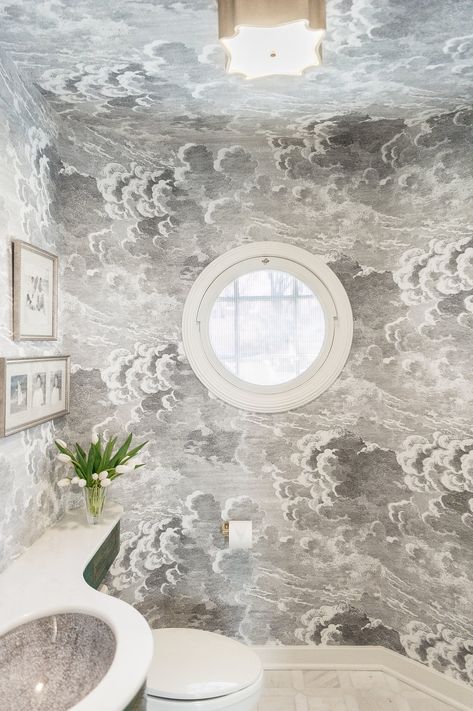 Tour a Tulsa Home Full of Unexpected Wallpaper Moments Aesthetic Bathroom Decor, 20 Aesthetic, Transitional Farmhouse, Aesthetic Bathroom, Bathroom Red, Cloud Wallpaper, Transitional House, Bathroom Pictures, Tiny Bathroom