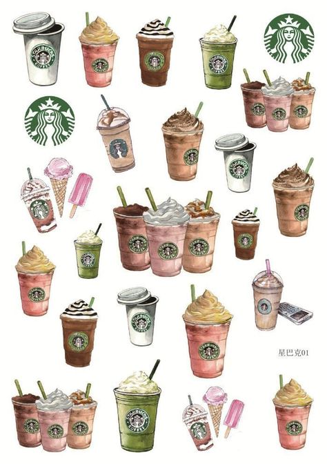 Starbucks Wallpaper, 귀여운 음식 그림, 그림 낙서, Tumblr Stickers, Cute Food Art, Food Painting, Scrapbook Stickers Printable, Coffee Stickers, Diy Stationery