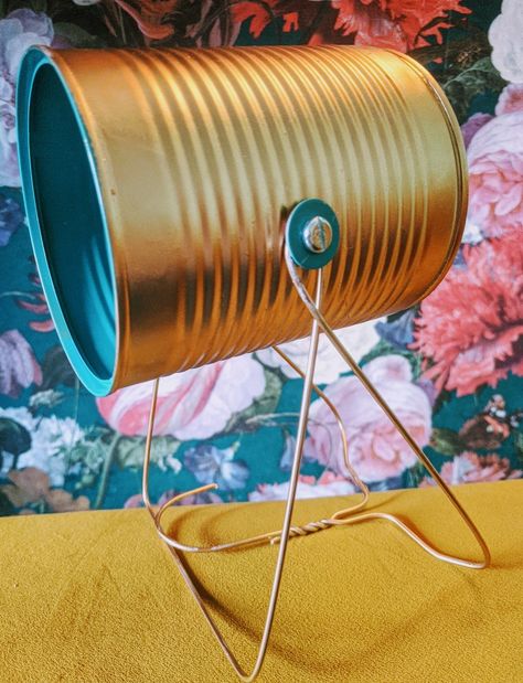 Here's a gorgeous gold and teal upcycled tin can lamp. Over 100 designs to choose from in my shop. Can be made in battery or plug in versions Tin Can Lamp, Tin Can Lights, Recycled Lamp, Funky Lamps, Recycled Tin Cans, Designer Lamp, Book Lamp, Unique Lamp, Recycled Tin