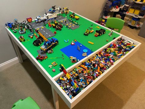 Repurposed Lego Table, Lego Tables With Storage, Lego Building Table For Adults, Custom Lego Table, How To Build A Lego Table, Lego Building Table Ideas, Lego Table For Adults, Lego Station In Boys Room, Lego Table Diy Homemade