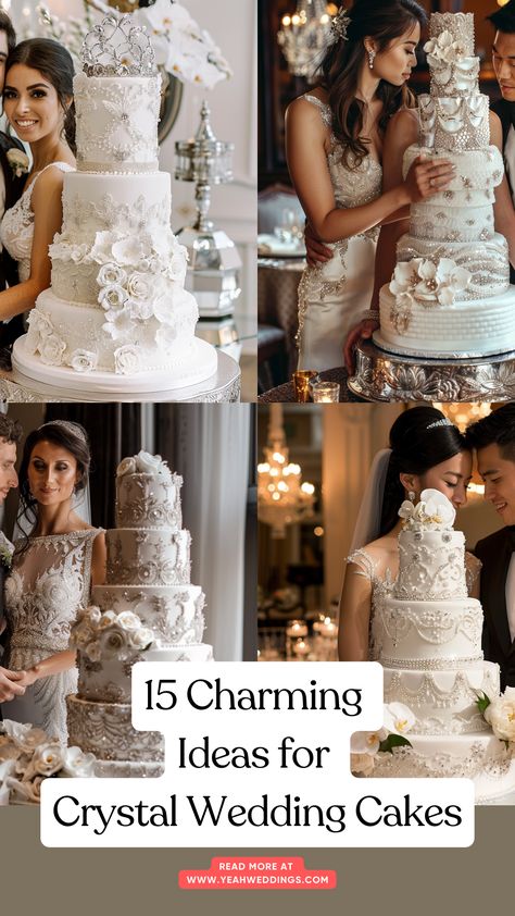 A stunning bride and groom standing beside an elegant crystal wedding cake adorned with intricate designs and subtle accents, showcasing the cake as a beautiful and sparkling centerpiece for their special day. Crystal Anniversary Party Ideas, Gemstone Cake, Geode Wedding Cake, Crystal Wedding Cake, Geode Cake Wedding, Geode Wedding, Geode Cake, Wedding Cake Ideas, Unique Cakes