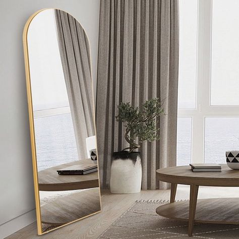 Wall For Bedroom, Leaning Against Wall, Arch Floor Mirror, Mirror Standing, Mirror With Stand, Mirror Floor, Curved Mirror, Mirror Wall Bedroom, Gold Mirror Wall