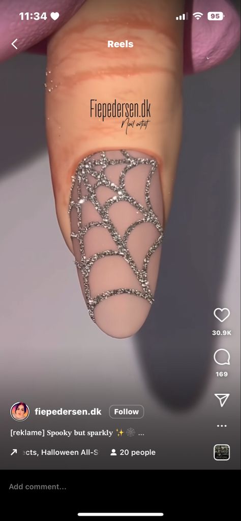 Halloween Cob Web Nails, How To Draw Spider Web On Nails, Black Nails With Silver Spider Web, Sparkly Spider Web Nails, How To Do Spider Web Nails, Silver Spiderweb Nails, Spiderweb Nails Almond, Chrome Spider Web Nails, Black And Silver Halloween Nails