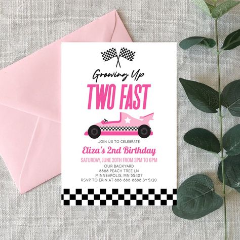 This is a Two Fast Pink Race Car 2nd Birthday Party Invitation! Race Car 2nd Birthday Party, Car 2nd Birthday Party, 77 Birthday, Pink Race Car, Car Birthday Party, 2nd Birthday Party For Girl, Baby Birthday Invitations, Car Birthday Theme