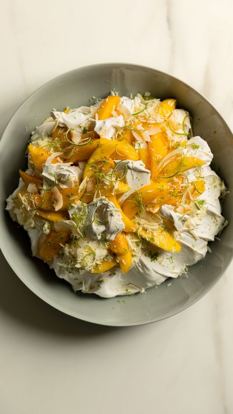 Mango, Lime & Toasted Coconut Smashed Pavlova with White Chocolate | Delicious food, simple wholesome recipes & the occasional sweet treat | Gather & Feast Smashed Pavlova, Summer Christmas Dessert, Ashley Alexander, Flavour Combinations, Chocolate Fondant Cake, Mango Dessert, Lime Cake, Pavlova Recipe, Latest Recipe