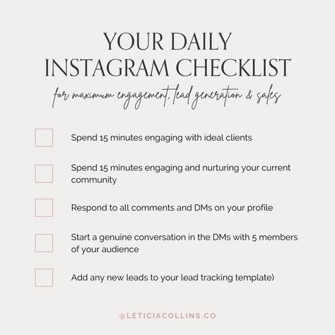 This checklist will increase your engagement, productivity and start moving the needle foward in your business! Do these 5 things every day for maximum engagement, lead generation and sales. Download my Instagram Engagement Checklist today! instagram marketing tips | social media marketing | daily checklist for instagram growth | Engagement Checklist, Social Media Growth Strategy, Social Media Marketing Instagram, Instagram Marketing Strategy, Marketing Podcasts, Social Media Marketing Content, Instagram Marketing Tips, Instagram Engagement, Social Media Marketing Business