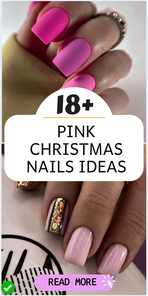 Get into the festive spirit with adorable pink Christmas nail designs that will bring a joyful and whimsical vibe to your holiday look! Whether you opt for delicate snowflakes on a blush pink canvas or cute reindeer patterns with shiny silver details, these nail art ideas will transform your tips into a winter wonderland. Embrace the magic of Christmas in style with a touch of pink sweetness on your nails! Perfect for adding some holiday cheer to your manicure. Hot Pink New Years Nails, Short Pink Winter Nails, Baby Pink And Gold Nails, Pink And Golden Nails, Pink And Black Nails Short, Pink Nails Winter, Hot Pink And White Nails, Pink Christmas Nail Designs, Pink Christmas Nail