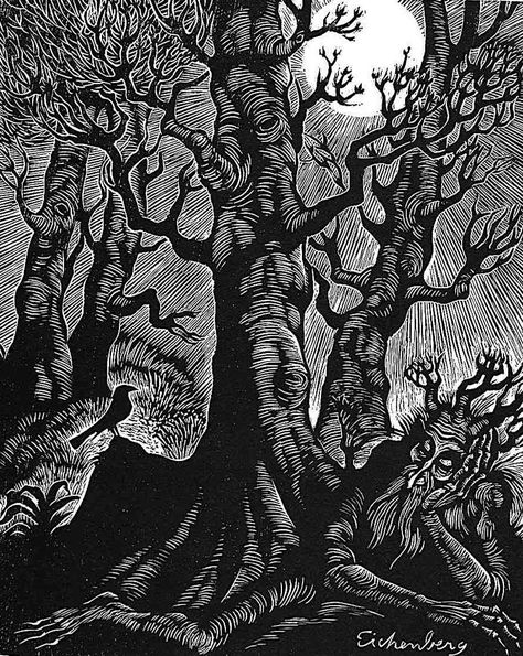 a Fritz Eichenberg illustration of a sleeping tree demon Lino Cut Trees, Forest Illustration Trees, Trees Linocut, Tree Printmaking, Linocut Tree, Tree Illustration Art, Tree Linocut, Demon Illustration, Lithography Art