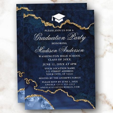 $2.93 | Watercolor Blue Gold Marble Agate Graduation Party #graduation, graduate, watercolor blue marble, geode agate gemstone, graduation party invitation, high school, college, university, navy blue and gold, elegant Medical Graduation Party, High School Graduation Party Invitations, Medical Graduation, Blue And Gold Marble, Graduation Invitations High School, Graduation Party Invitations Templates, Graduation Templates, Graduation Party Invitation, Elegant Watercolor