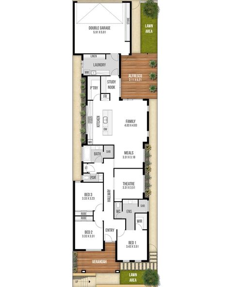 3 Bedroom Narrow Lot House Plans, Narrow House Plans Single Storey, Long Narrow House Plans, Concrete Block House, House Plans Australia, Narrow House Designs, Narrow House Plans, House Plans Ideas, Narrow Lot House