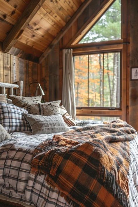 40 Rustic Bedroom Ideas for a Charming, Cozy Sleep Space Rustic Plaid Bedding, Rustic Cottage Interiors Small Cabins, Rustic Cabin Bedroom Decor, Cabin Bedroom Aesthetic, Rustic Cottage Bedroom, Cozy Rustic Bedroom, Cozy Cabin Bedrooms, Rustic Cabin Bedroom, Cozy Cabin Aesthetic