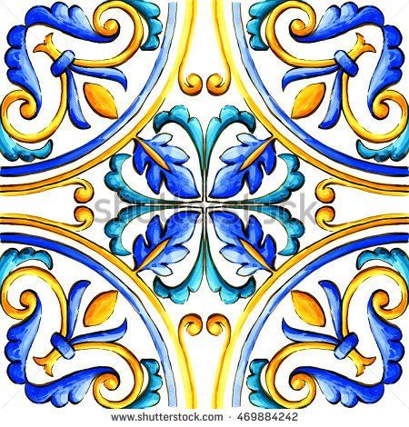 Italian majolica tiles, floral ornament Traditional Tile Design, Italian Pattern, Italian Majolica, Floral Ornament, Italian Tiles, Hand Painted Tiles, Italian Pottery, Blue Pottery, Border Pattern