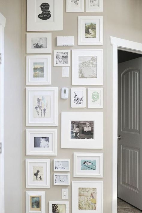 Lovely tall gallery wall to cover up outlets and thermostats. Seattle Apartment, Display Family Photos, Temporary Wall, Wall Gallery, Inspiration Wall, Style At Home, Apartment Interior, Wall Treatments, Photo Displays