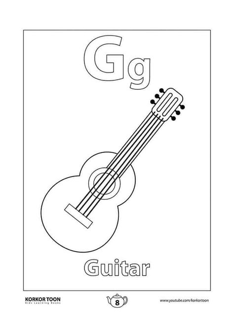 Guitar Coloring Page, Letter G Activities, Alphabet Colouring, Lets Have Fun, Abc Coloring Book, Kindergarten Songs, Hello Kitty Colouring Pages, English Characters, Learning Books