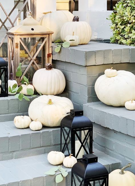 Fall Front Porch With a Side of Eucalyptus - Thistlewood Farm Yard Sale Signs, Porch Pumpkins, Thistlewood Farms, The Enneagram, Metal Pumpkins, Faux Pumpkins, Vintage Lanterns, Fall Front Porch, Fall Decorations Porch