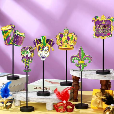 PRICES MAY VARY. Ample Set of Wooden Signs: the package includes 6 carnival centerpieces for tables, each with a different design, a stick, and a thick base for stability; They can be placed where you want to add charm to your home; The variety and quantity of styles will satisfy your decoration needs, providing a robust solution for holiday adornment Classic Mardi Gras Design: the centerpieces for wedding feature a classic carnival design in colors such as purple, gold, and green, adding elegan Carnival Centerpieces, Carnival Design, Centerpieces For Wedding, Centerpieces For Tables, Farmhouse Centerpiece, Thick Base, Mardi Gras Decorations, 3d Visual, Mardi Gras Party