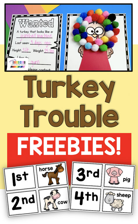 This adorable book leads to so many activities for the entire month in preschool - pre-k - kindergarten and first grade! Use these free sequencing picture cards to retell the story and then students have a cut and paste activity they can complete. Plus, I share a freebie bulletin board header and craft ideas to help Turkey disguise himself so he doesn't get eaten this Thanksgiving! No prep worksheets and games make the entire month so much fun. #kindergarten #turkeytrouble #preschool