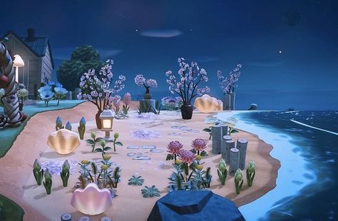 Acnh Beach Ideas Fairycore, Mermaid Island Animal Crossing, Acnh Fairycore Beach, Acnh Mermaid Beach, Animal Crossing Beach House, Acnh Stargazing Area, Terraforming Acnh, Animal Crossing Fairycore, Acnh Fairycore Island