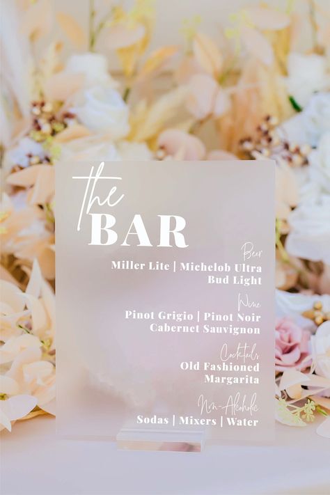 Click on the following link to browse HUNDREDS more designs in our shop!! www.etsy.com/shop/pinkposiesandpearls Bar Menu Signature Cocktails Custom Clear Glass Look Acrylic Wedding Quote Sign with Dark Walnut Wooden Base or Clear/Silver Stand | Welcome to Pink Posies and Pearls Wedding and Gift Boutique | We love the sleek, clean lines of these wedding acrylic signs! This acrylic is a display material that is strong, moisture resistant & visually clearer than glass, not to mention shatterproof! Cocktail Table Sign, Acrylic Dinner Menu Sign, The Bar Sign Wedding, Wedding Table Acrylic Sign, Wedding Drink Menu Sign Acrylic, Acrylic Drink Sign, Clear Wedding Signs, Bar Signs For Wedding, Reception Extras