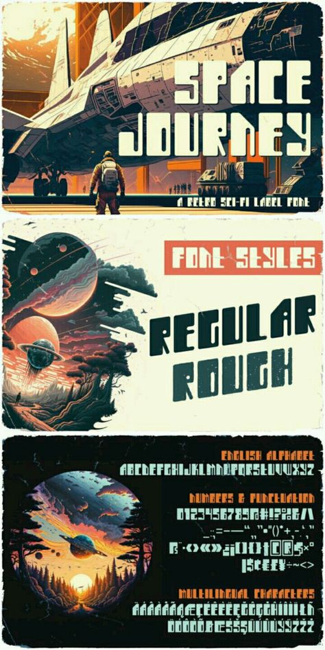 Space Journey is a retro Sci-Fi label display font inspired by movie posters from the 60s and 70s. This font will look good on any retro Sci-Fi styled design such as posters, T-shirts, labels, logos, and many more. Add it now to your library, and start creating amazing designs! Space Letters Fonts, Sci Fi Poster Design, Futuristic Advertising, Scifi Typography, Sci Fi Graphic Design, Vintage Sci Fi Art, Sci Fi Poster, Space Typography, Interesting Posters