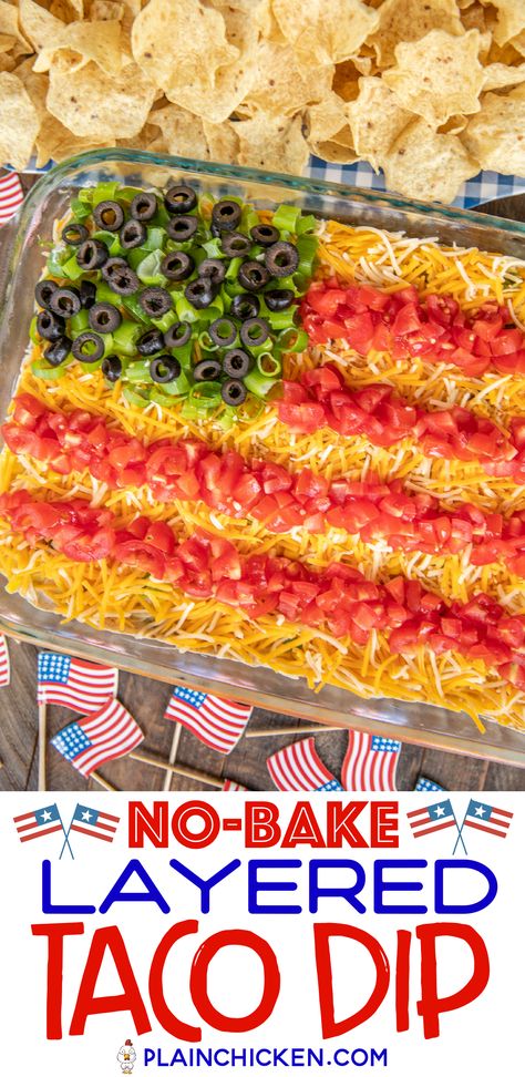 Flag Taco Dip, Patriotic Taco Dip, 4th Of July Dips, Patriotic Dip, Sour Cream Corn, Layer Taco Dip, 7 Layer Taco Dip, Layered Taco, Layered Bean Dip