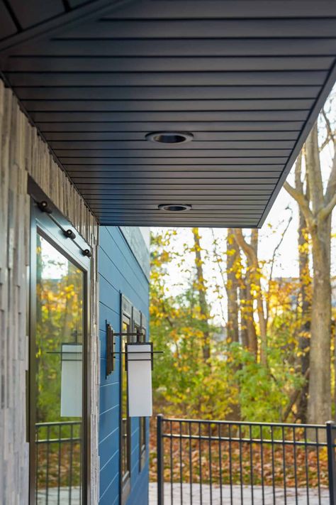 Wood Soffit Exterior Farmhouse, Wooden Soffit, Dark Soffit And Facia, Aluminum Soffit That Looks Like Wood, How To Replace Soffit And Fascia, Saint George's, Traditional Look, House Construction, Barndominium