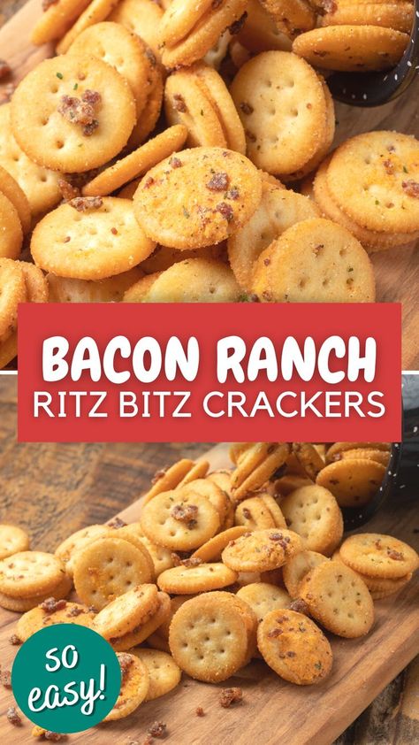 Bacon Ranch Crackers are an easy snack packed with zesty cheesy flavor! Cheese Ritz Bits are oven baked with ranch seasoning and bacon bits in this 30 minute recipe. This is a great recipe for movie nights, school and lunch snacks, and the perfect appetizer for game days! Ranch Crackers, Ritz Bits, Cheesy Ranch, Easy Bacon, Appetizers Easy Finger Food, Bacon Ranch, Ranch Seasoning, Bacon Bits, Perfect Appetizers