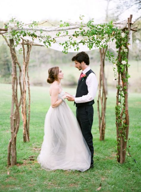 Birch and Vine Ceremony Altar | Marta Locklear Photography | Pastel Watercolor Spring Wedding in Lilac and Sunshine Branch Arch Wedding, Arch Fabric, Wood Wedding Arches, Branches Wedding, Wedding Chuppah, Wedding Branches, Wedding Arch Rustic, Wedding Canopy, Hippie Wedding