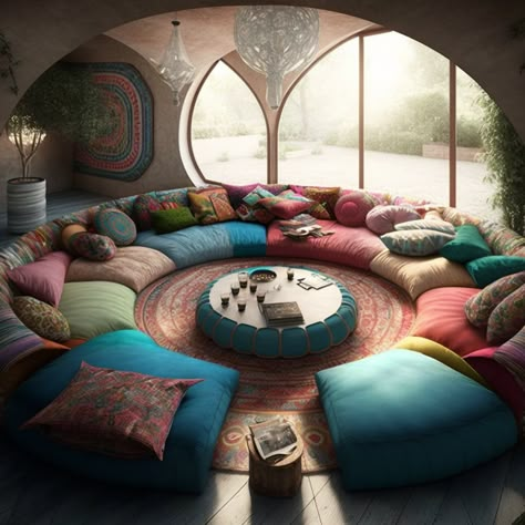 Room Decor 70s Style, Modular Conversation Pit, Bohemian Style Conversation Pit, 70 Conversation Pit, Exterior Conversation Pit, Diy Conversation Pit, 70s Home Conversation Pit, Cute Mc Builds, 70s Conversation Pit