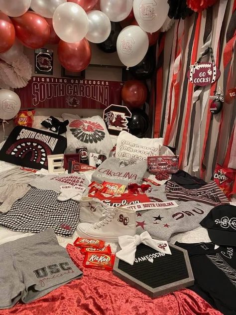 College Bed Decorating, College Bed Decorating Party, College Acceptance Bed, Usc Dorm, College Bed, Bed Party, Go Gamecocks, Party College, College Vision Board