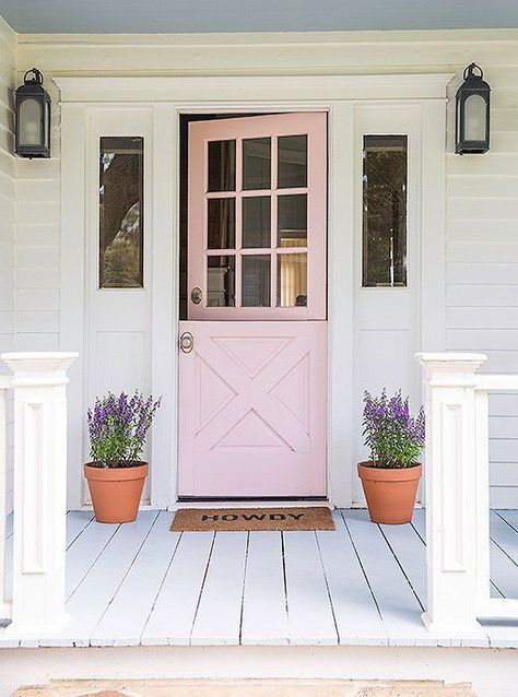 17 Dutch Doors We’re Absolutely Loving Front Door Planters, Front Door Inspiration, Pink Front Door, Front Porch Planters, Door Planter, Green Front Doors, Beautiful Front Doors, Porch Planters, Farmhouse Front Door