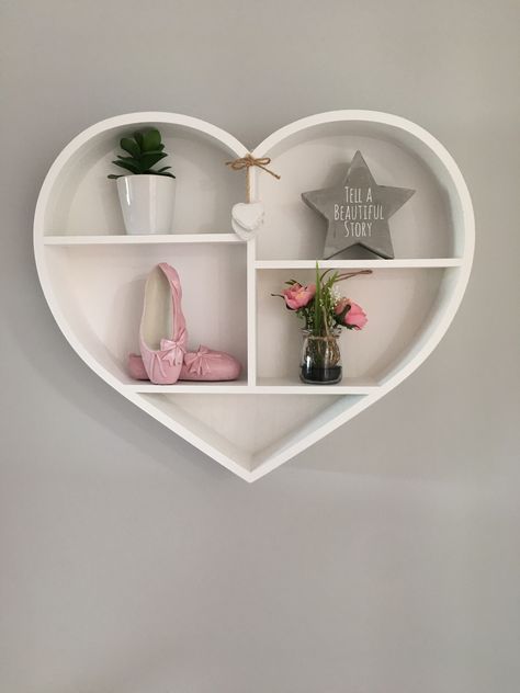 Love my new heart shelf 💓 #livingroom #shelf #shelving #heart #heart-shaped #ballerinashoes #greywall Heart Shelves Wooden, Heart Shape Shelf, Heart Shaped Room Decor, Heart Shaped Shelf, Heart Themed Room, Heart Shelves, Heart Room Decor, Cute Shelves, Heart Bedroom