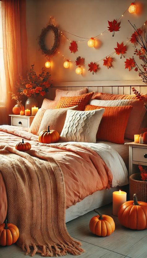 Autumn Bedding Set, Fall Bedroom Decor Aesthetic, Fall Bedding Bedrooms, Cozy Autumn Bedroom, Airbnb Bedroom, Autumn Bedroom, Fall Bedroom Ideas, Holiday Room Decor, Knitted Throw Blanket