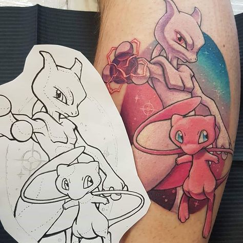 Mewtwo Tattoo, Tattoo Pierna, Mew And Mewtwo, Nerd Tattoo, Pokemon Mew, M Tattoos, Sibling Tattoos, Pokemon Tattoo, Real Tattoo