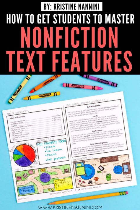 Teaching Text Features Third Grade, Informational Text Middle School, Informational Text Anchor Chart, Fiction Text Features, Teaching Nonfiction Text Features, Text Features Activities, Sixth Grade Reading, Reading Nonfiction, Teaching Nonfiction