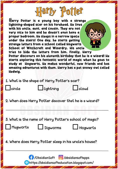 Read and Write about Harry Potter Harry Potter English, Harry Potter Lessons, Free Reading Comprehension Worksheets, Classe Harry Potter, Harry Potter Texts, Harry Potter School, Reading Comprehension For Kids, About Harry Potter, Harry Potter Stories