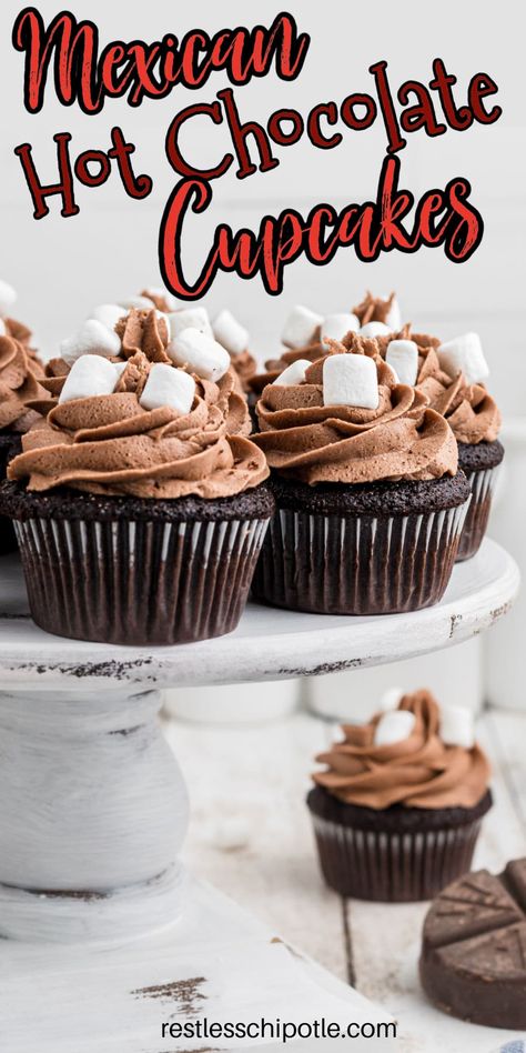 Sweet And Spicy Desserts, Mexican Chocolate Cupcakes, Latino Desserts, Mexican Hot Chocolate Cake, Mexican Hot Chocolate Cupcakes, Mexican Cupcakes, Unique Hot Chocolate, Spiced Hot Chocolate Recipe, Spicy Desserts