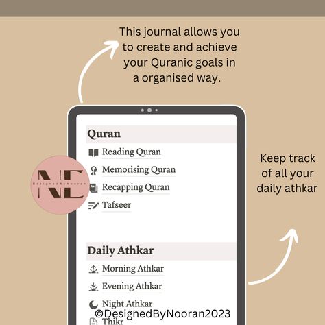 The Notion Islamic Journal is now available! Do you have trouble keeping up with your daily athkar? Can’t maintain consistency in reading the Quran? Want to start memorising the Quran? What to start learning more about your Deen?  It is never too late to organise your year with the Notion Islamic Journal. This Islamic Journal will help you organise the main aspects of your Islamic life. Start with this journal which is beginner-friendly and perfect for people with busy lives. Islam Notion Template, Journal Template Notion, Islamic Journal Ideas, Muslim Journal, Reading The Quran, Journal Ideas Aesthetic, Islamic Journal, Journal For Beginners, Islamic Life